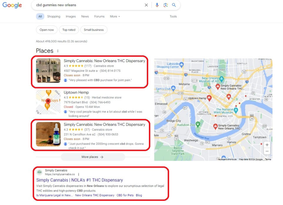 Local SEO for New Orleans Businesses Image of SERPs for 'cbd gummies new orleans'