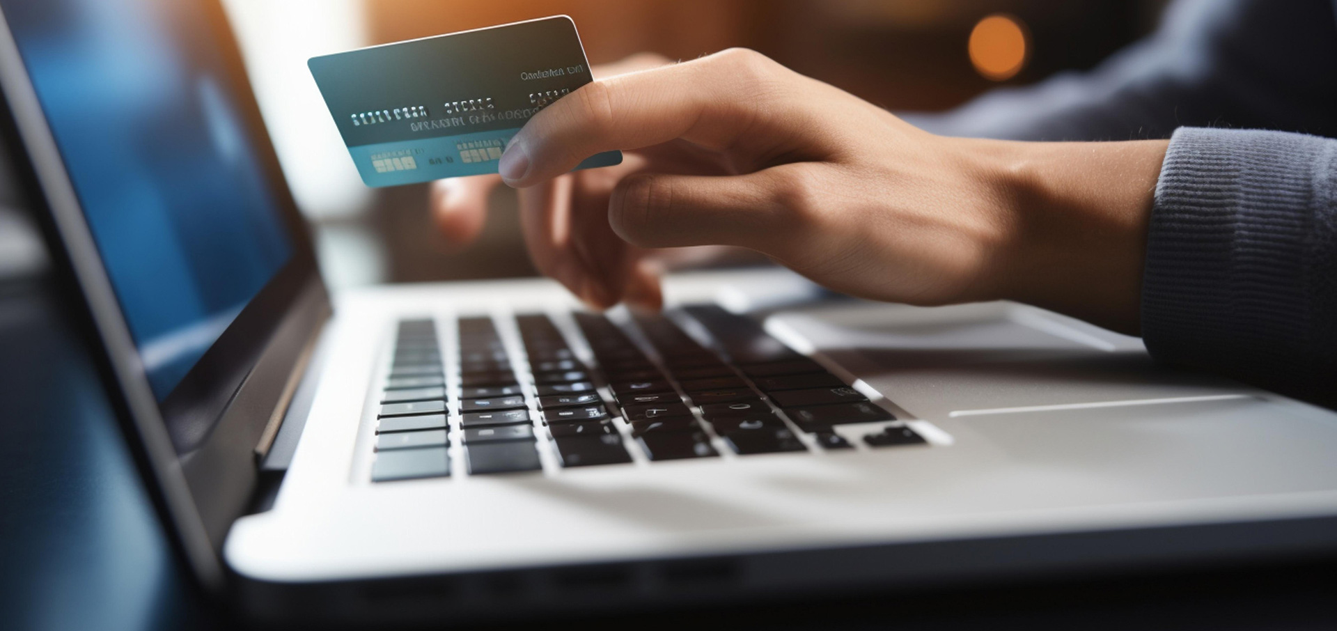 A Woman's Hands Are Shown Over Laptop Holding Credit Card
