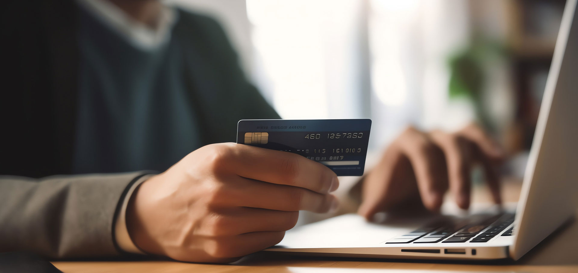 A Man's Hands Are Shown Over Laptop Holding Credit Card